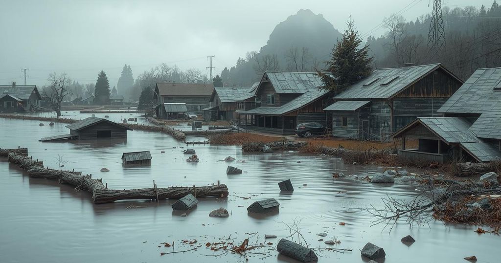 Rescue teams searching through a flooded terrain with displaced structures, showcasing the aftermath of environmental disaster.