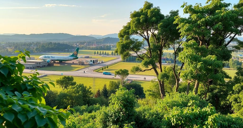 Rwanda's Bugesera with lush greenery and a future airport site symbolizing transformation and development.