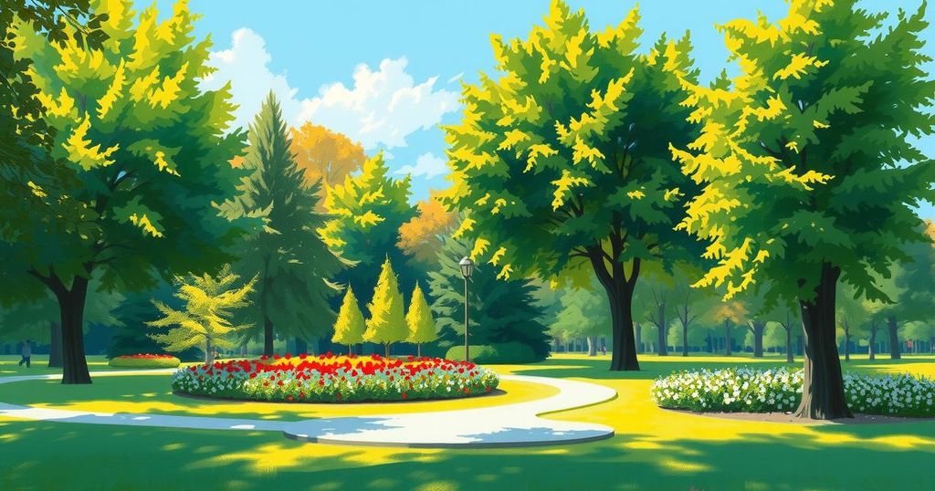 A serene public park scene with vibrant greenery and a clear blue sky, symbolizing peace and safety.