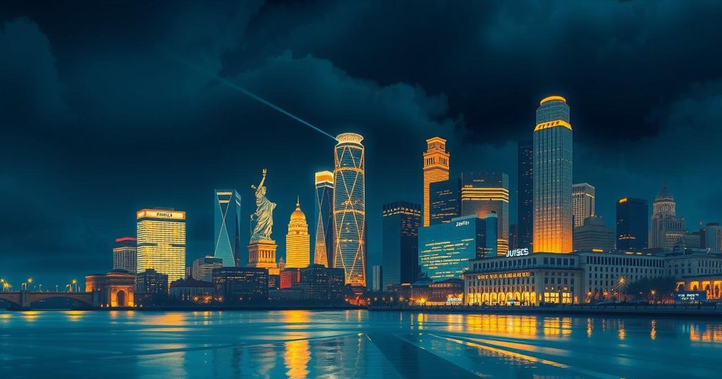A dramatic cityscape under starlit skies symbolizing justice and resolution against crime and corruption.