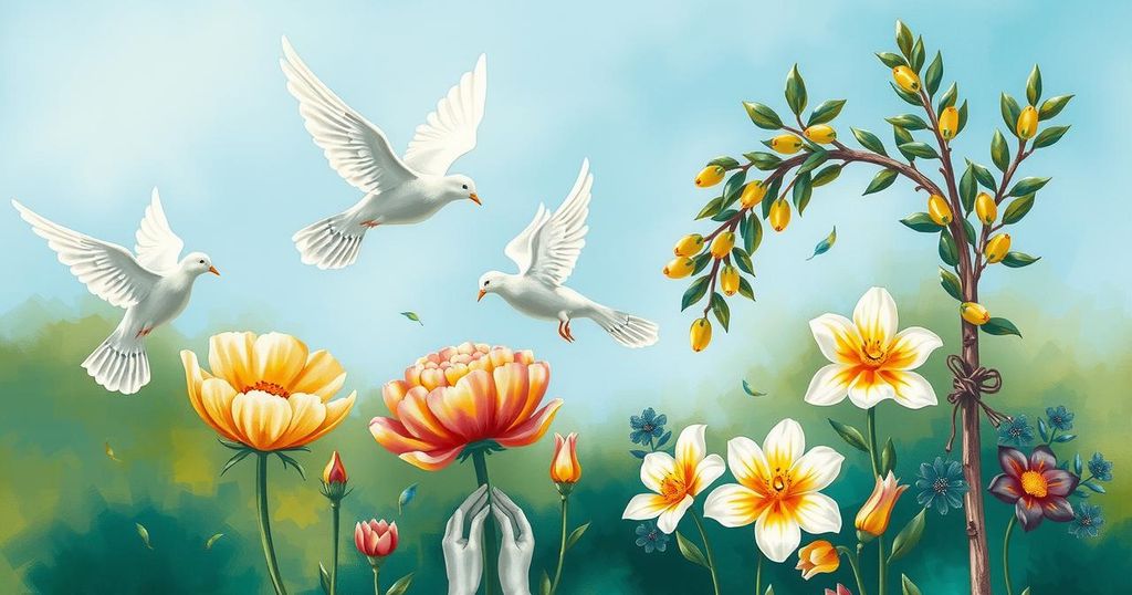 A serene landscape showing peace symbols, nature elements, and carpets of flowers under a clear blue sky.