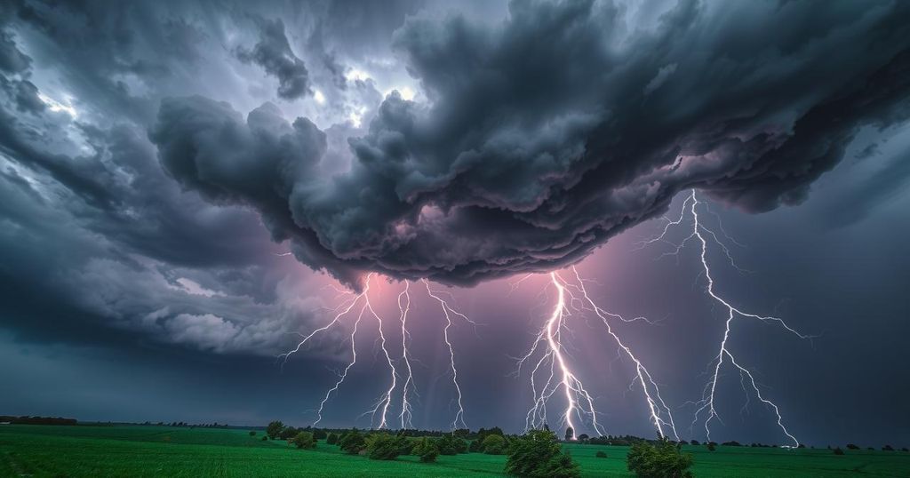 A stormy sky with dark clouds, lightning, and heavy rain, showcasing a powerful thunderstorm over a landscape.
