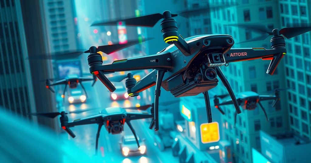 Dramatic drone operation with detailed technology depiction, urban environment, rich color contrast, and precise design.