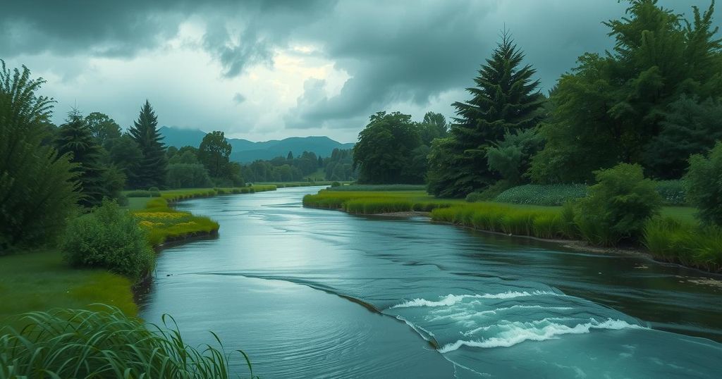 A tranquil landscape showing a serene river under cloudy skies, indicating impending heavy rain with lush greenery.