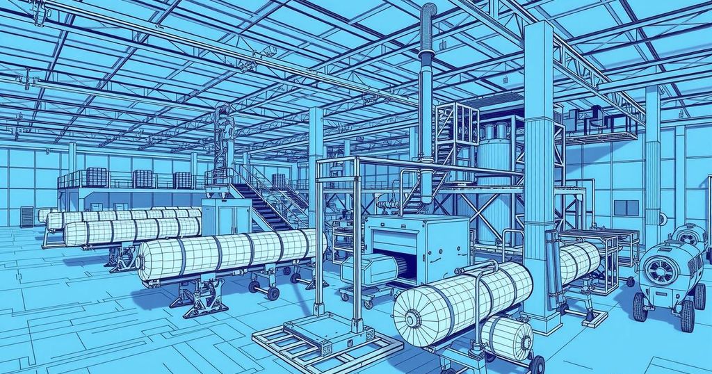 Blueprint of a factory with detailed construction plans and machinery, symbolizing industrial collaboration.