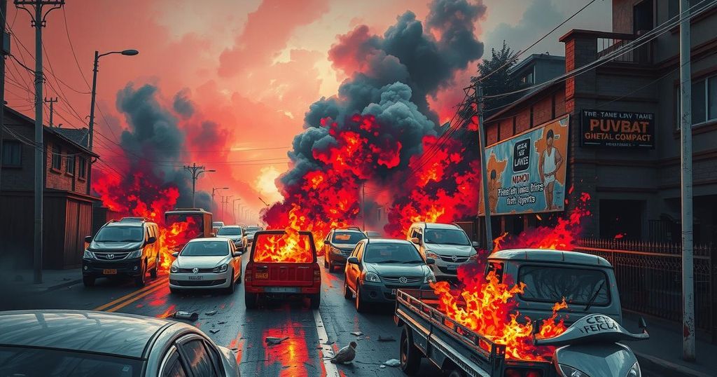 A crowded Nairobi street during protests, with burning vehicles and smoke in the air, depicting civil unrest.