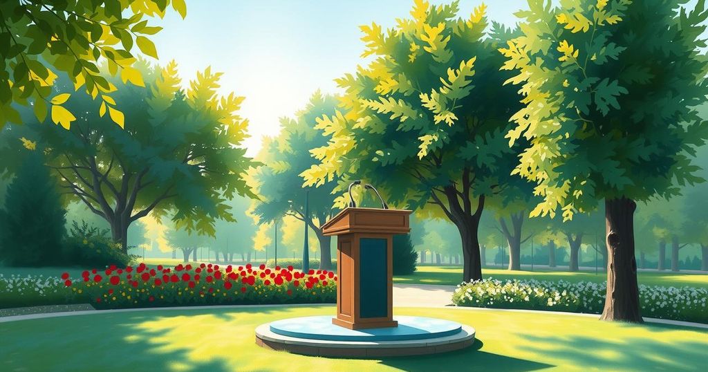 Vibrant illustration of a stylized city park scene with a speech podium, trees, and flowers in tranquil hues.