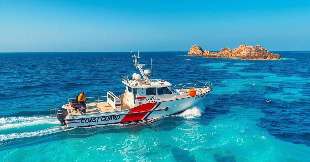 Coast Guard patrol boat operating near coastal sand ridges in Tamil Nadu on a clear day.