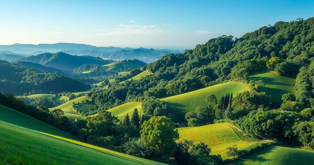 A serene Malaysia landscape with mountains and lush greenery, depicting a sense of calm.