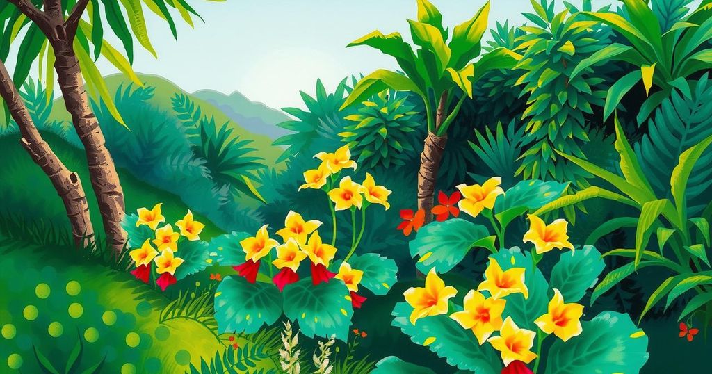 Colorful Brazilian landscape with lush greenery, vibrant flora, and a serene atmosphere, capturing the essence of cultural exchange.