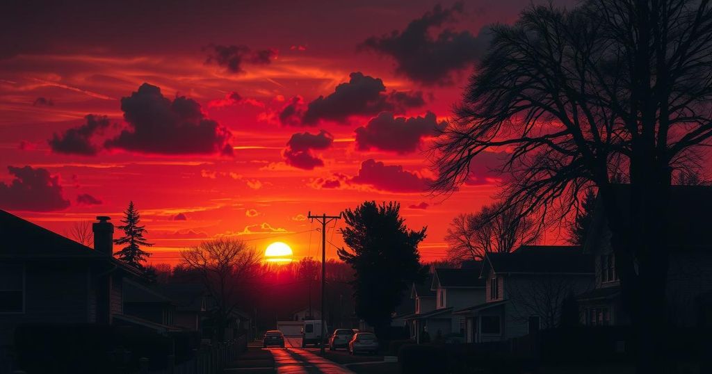 A dramatic sunset over a quiet neighborhood with shadows emphasizing a sense of tension and tranquility.