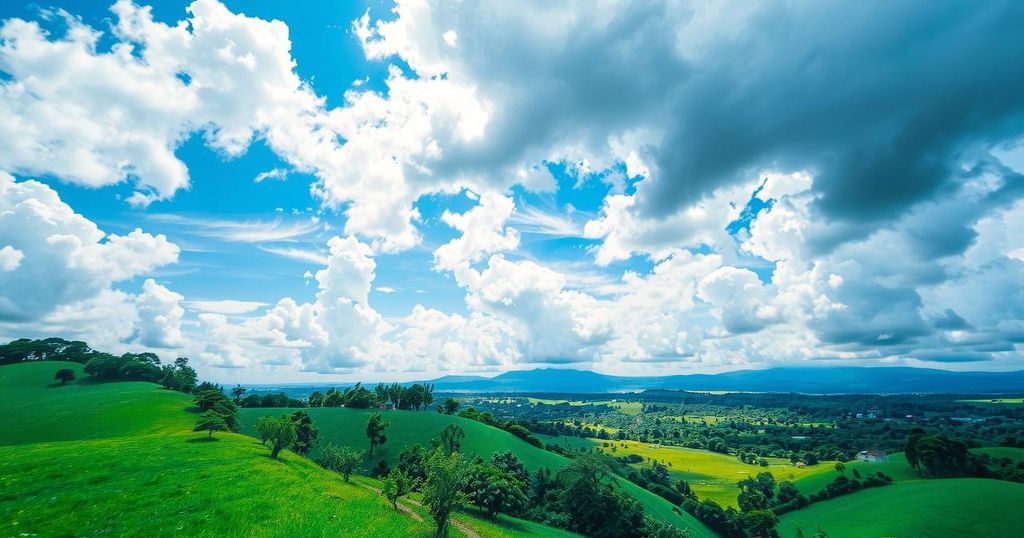 A vibrant landscape depicting mixed weather in Ghana with sunny skies, clouds, and distant thunderstorms.