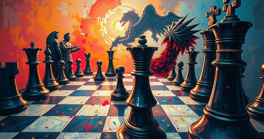 A dramatic scene depicting a large, intense chessboard with pieces symbolizing power and influence, in a vibrant color palette.