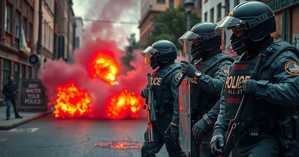 A protest scene in Nairobi with police presence, showcasing tensions and cityscape.