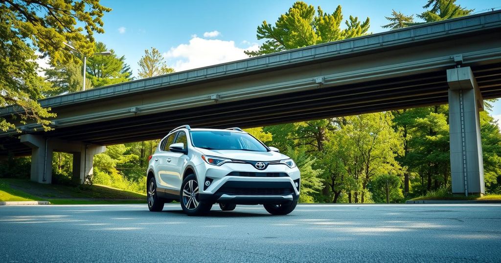A sleek Toyota Rav4 parked under a bridge, surrounded by green trees and blue skies, representing vehicle recovery.