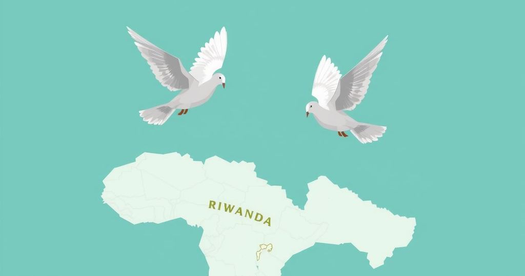 Two doves symbolizing peace above map of Congo and Rwanda, in soft blue and green tones, minimalist style.