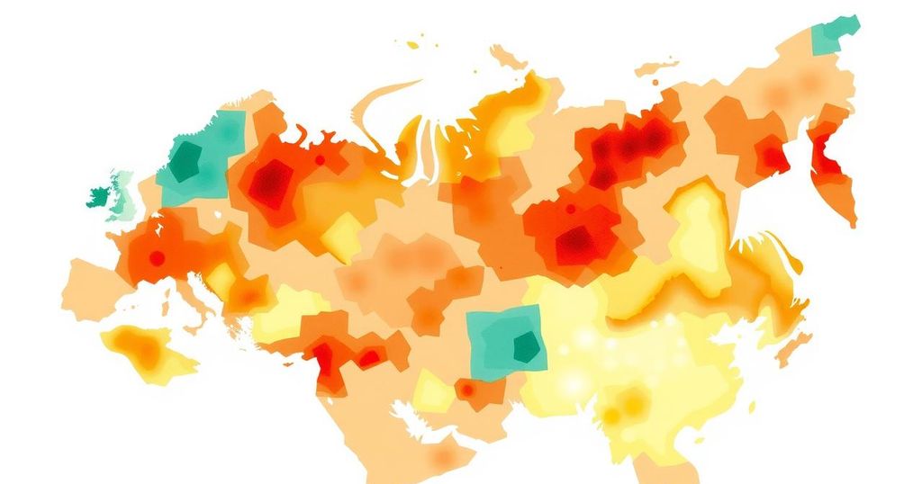 A vibrant map showcasing Russia and Mali with artistic embellishments, featuring warm earthy tones and cool shades.