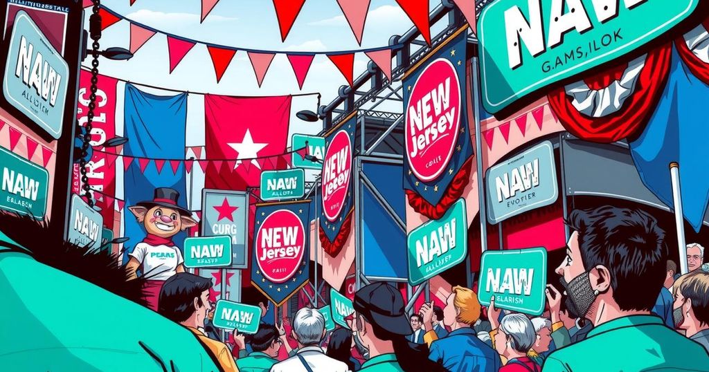 A dynamic illustration of political campaigning in New Jersey, showcasing vibrant colors and energetic atmosphere.