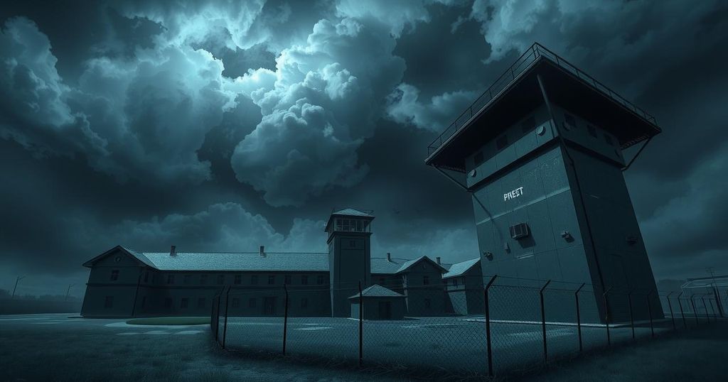A somber and emotional depiction of a prison surrounded by dark skies, symbolizing despair and uncertainty.