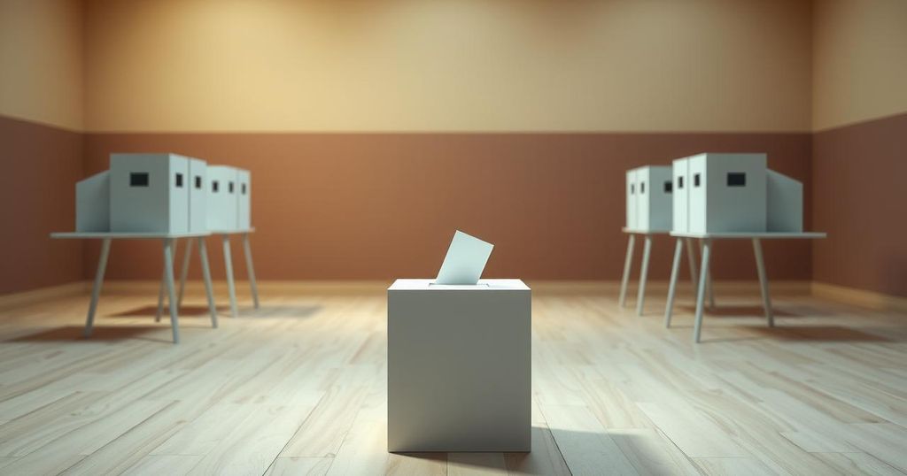 A political scene depicting a ballot box and empty voting booths, symbolizing a constrained electoral process.