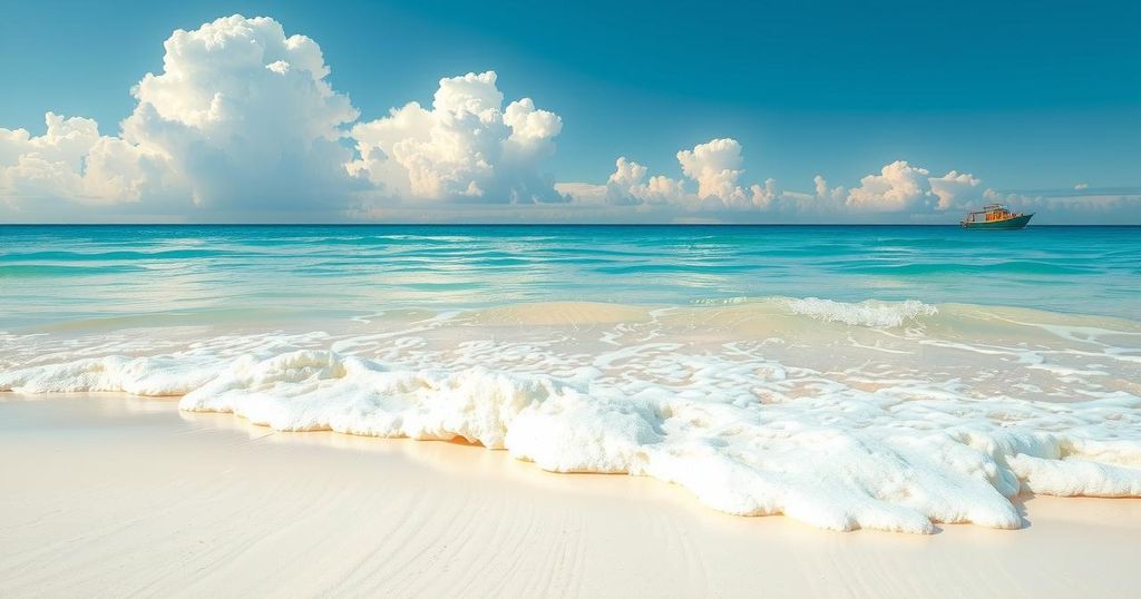 Sunny beach scene with clear skies, soft waves, and white sand under a vibrant blue sky.