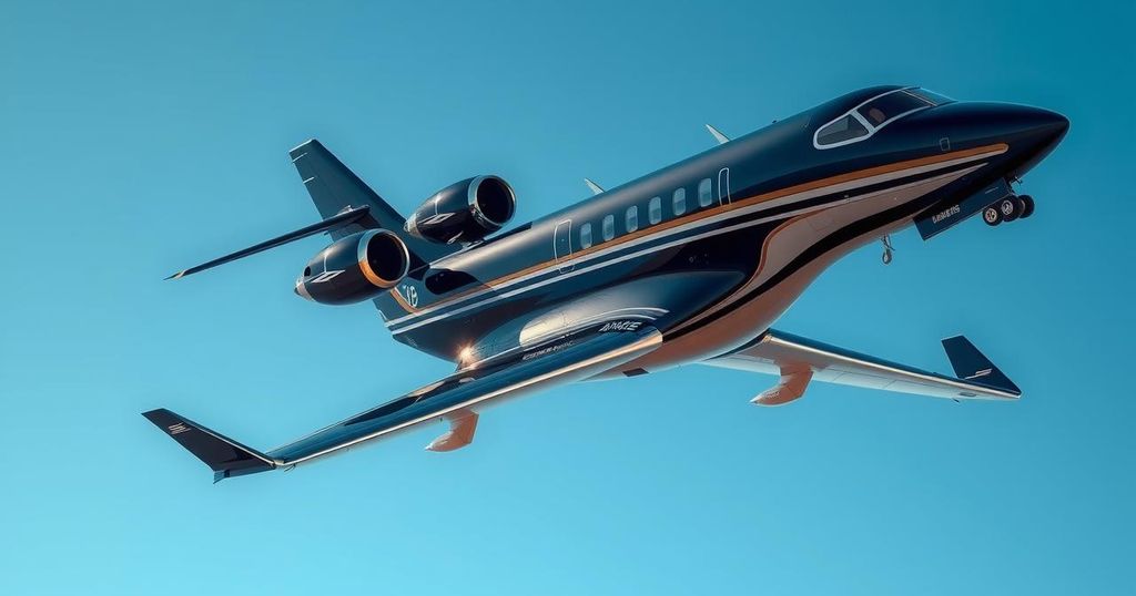 A sleek luxury jet soaring through blue skies with security enhancements and modern features.