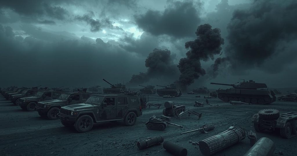 A shadowy battlefield with military equipment and a gloomy sky, illustrating a tense military conflict environment.