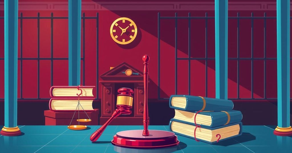 Courtroom scene depicting justice with gavel, legal books, and prison bars, vibrant color palette, modern art style.