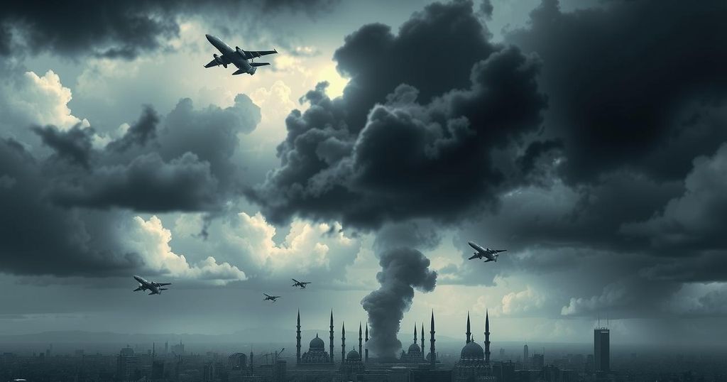 Increased aerial activity over Tehran skyline with dramatic clouds and military aircraft, showcasing tense atmosphere.