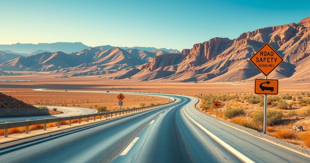 A scenic Moroccan highway with a beautiful landscape and road safety signs, signaling controlled and safe Eid travel.