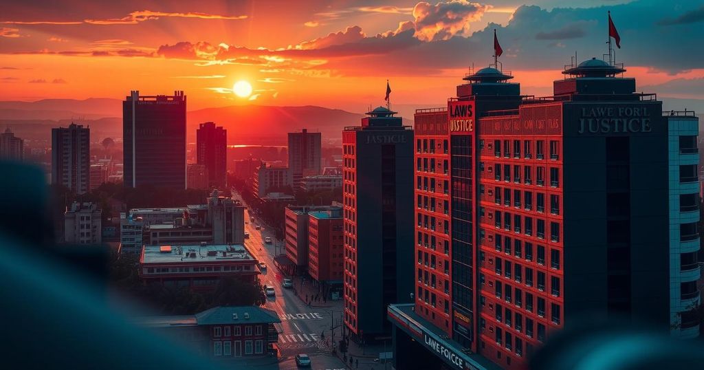 Nairobi skyline with law enforcement buildings against a sunset backdrop, highlighting the focus on justice.