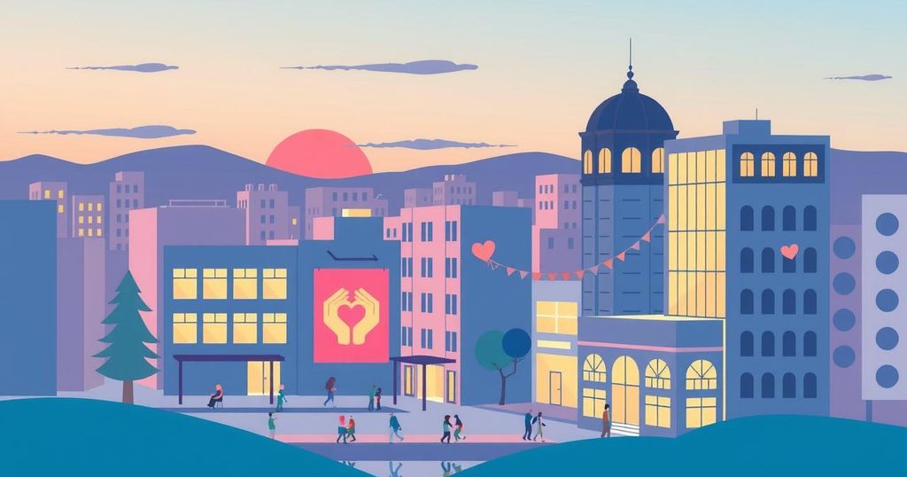 A digital art representation showing a peaceful cityscape with an emphasis on community relief and support.