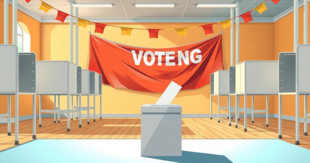 Voters gathering at a polling station with voting booths and a ballot box in a well-lit setting.