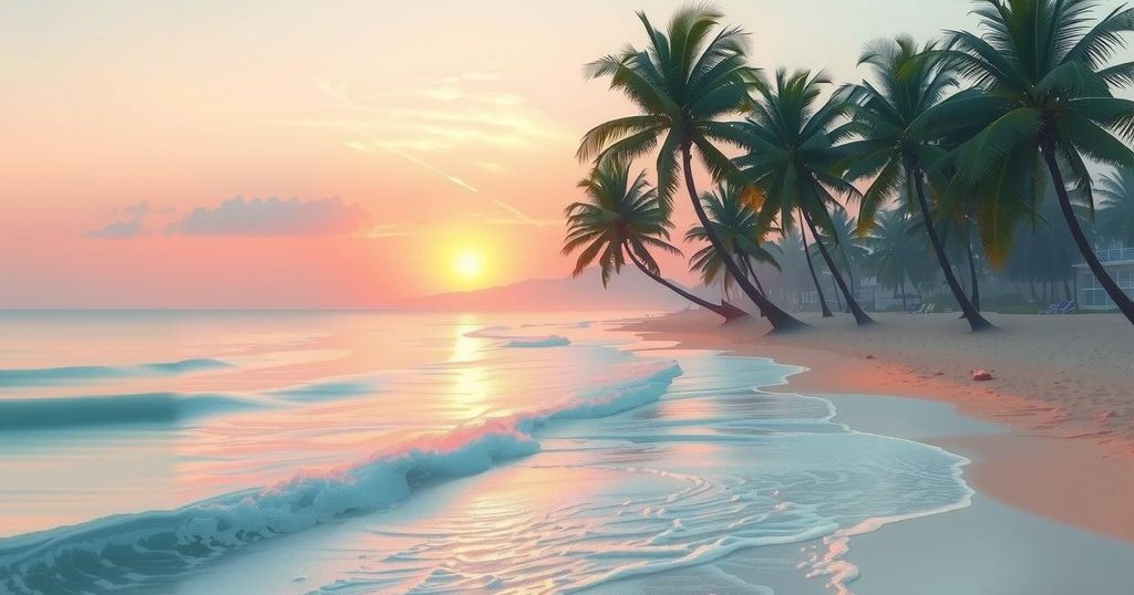 A serene beach scene with palm trees and soft waves, captured in pastel colors and impressionist style.