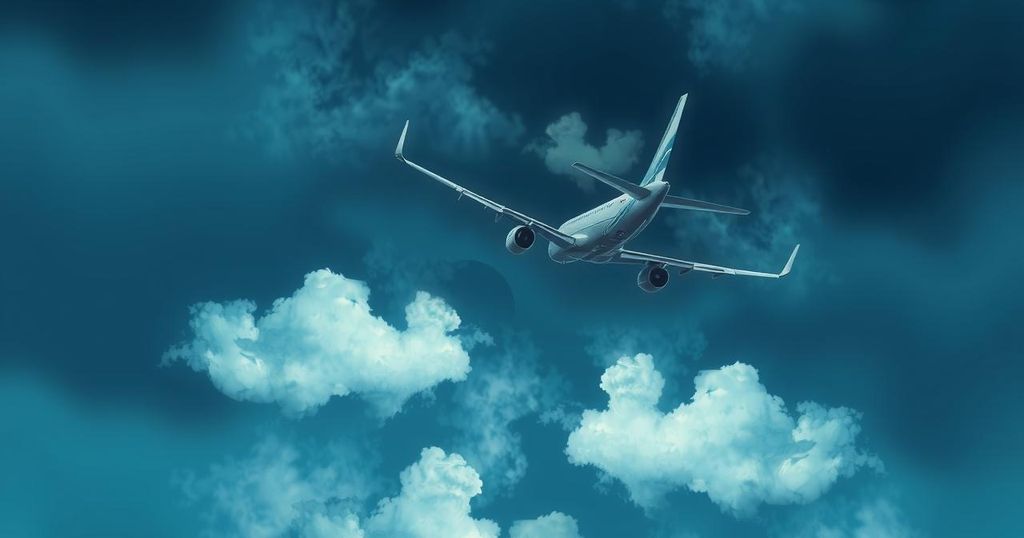 A dramatic representation of an airplane in the sky, symbolizing freedom and reflection, in a dark blue color scheme.