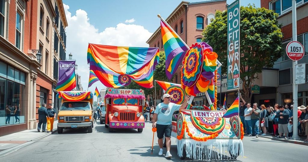 A vibrant Chile Pride Parade featuring colorful banners and decorations, celebrating diversity and inclusivity.
