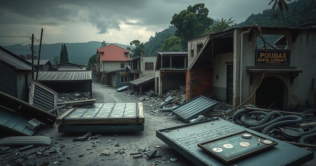 Explosive scene of wreckage in urban Colombia, depicting aftermath of coordinated attacks with debris and damaged buildings.