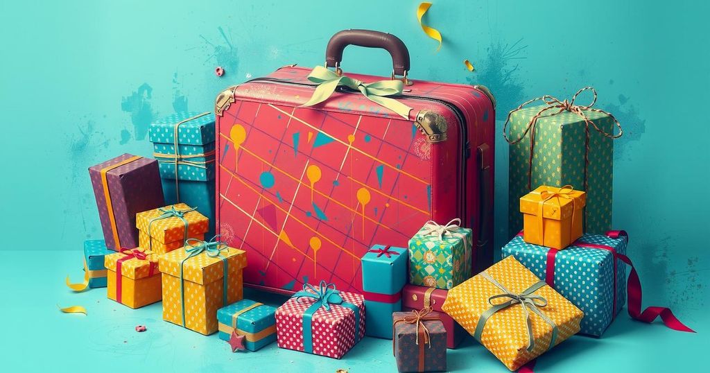 Colorful abstract representation of a suitcase surrounded by wrapped packages, reflecting the theme of smuggling.