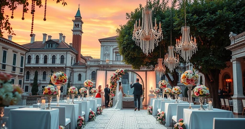 A grand Venetian wedding scene with a luxurious setting and festive decorations under a warm sunset sky.