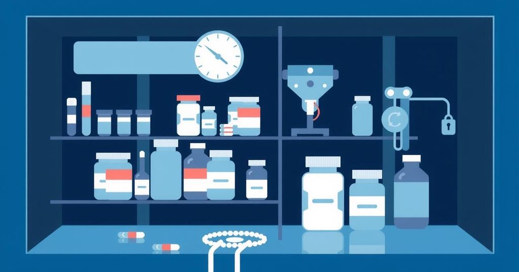 A depiction of pharmaceutical controls featuring controlled substances, with a dark blue and white color scheme