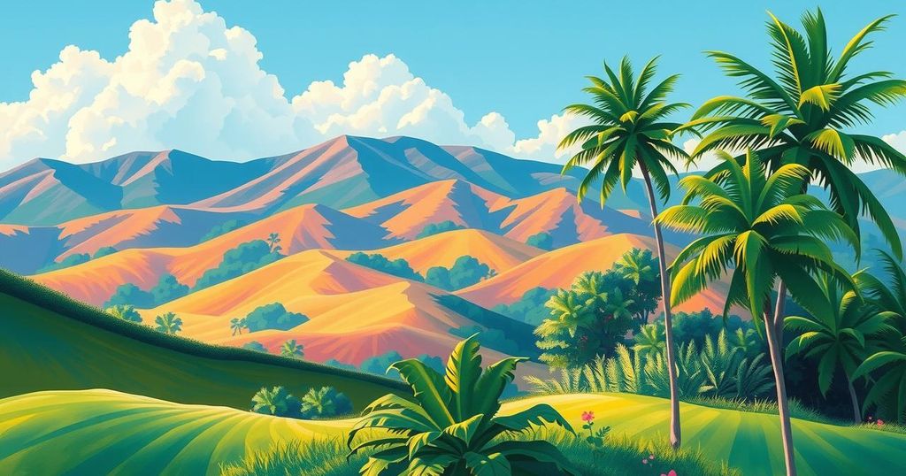 A scenic view of a sunny Mexican landscape with vibrant colors and lush greenery, illustrating a peaceful vacation setting.