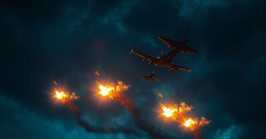 Military aircraft in action during a nighttime operation with smoke and explosions in the background.