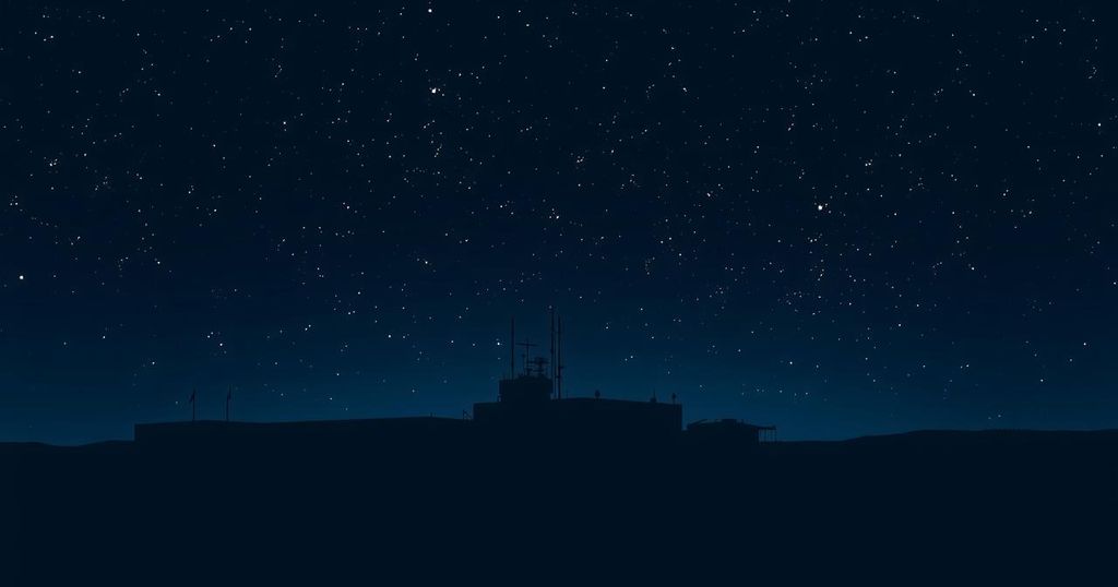 A military facility silhouette amidst a starry night, evoking themes of tension and security in a minimalist style.