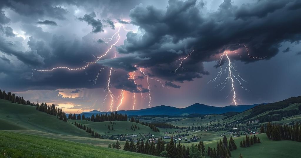 Dark thunderclouds over Montana landscape with lightning, symbolizing summer storms and rainfall in the region.