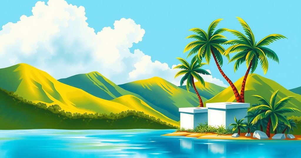 Colorful illustration of a tropical landscape representing Samoa's political change and upcoming election for leaders.