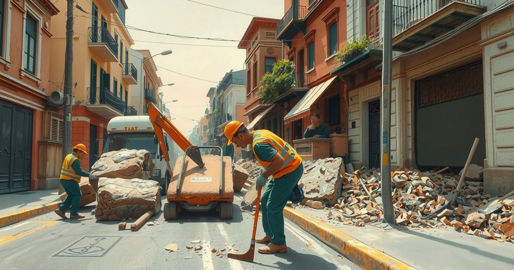 Workers cleaning debris from a road post-earthquake in Lima, Peru, showcasing resilience and recovery efforts.
