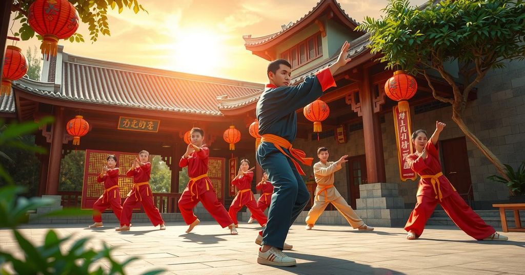 Vibrant martial arts scene in Benin, showcasing students practicing kung fu under a warm sun with cultural elements.