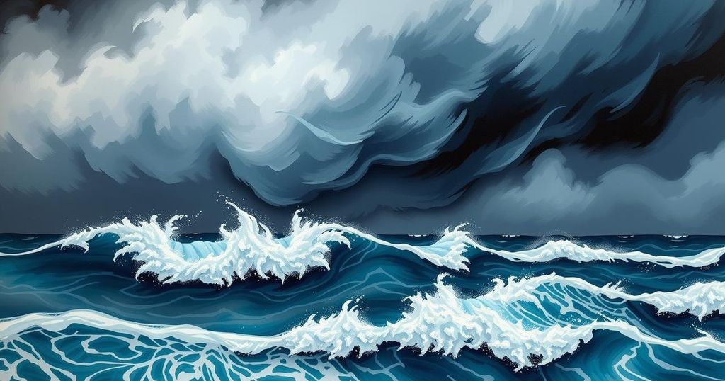 Dark clouds loom over a coastal landscape in Mexico, trees sway, and turbulent waves crash against the shore during a storm.