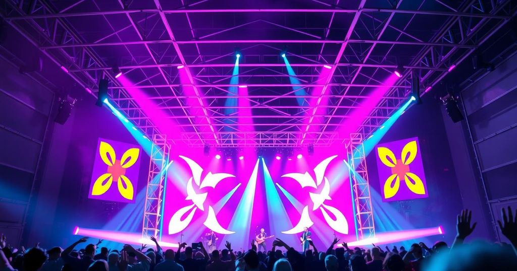 A vibrant concert stage with colorful lights, reflecting a festive atmosphere for a music tour.