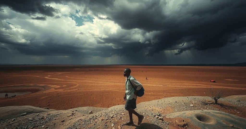 A vast African landscape with desolate terrain under a darkening sky, signifying conflict and struggle without resolution.